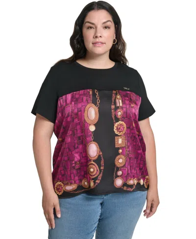 Karl Lagerfeld Plus Size Gemstone Knit Placed-print Crewneck Blouse In Black