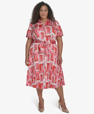 Karl Lagerfeld Plus Size Geo-print A-line Dress, Exclusively At Macy's In Parfait Pink Multi