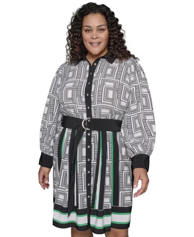 Karl Lagerfeld Plus Size Geometric-print Shirtdress In Soft White Black Multi