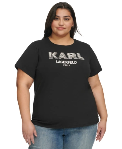 Karl Lagerfeld Plus Size Imitation-pearl-logo Short-sleeve Top In Black,silver