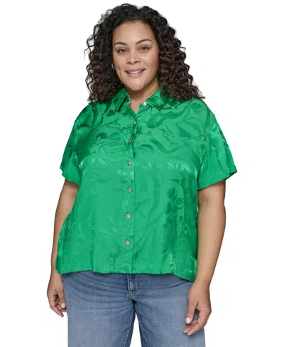 Karl Lagerfeld Plus Size Jacquard Camp Shirt In Flore Green