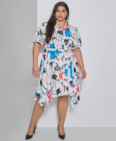 Karl Lagerfeld Plus Size Logo Button-front Dress, Created For Macy's In Soft White Multi