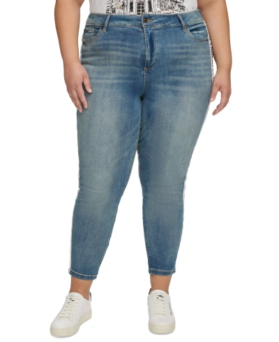 Karl Lagerfeld Plus Size Logo-tape Slim-leg Jeans In Indigo Haze Wash