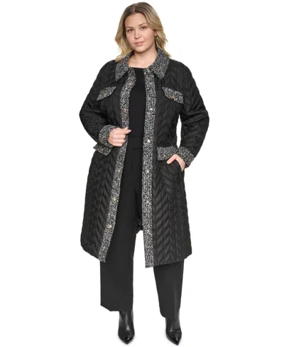 Karl Lagerfeld Plus Size Long Quilted Tweed-trim Coat In Black