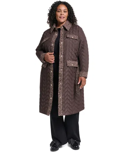 Karl Lagerfeld Plus Size Long Quilted Tweed-trim Coat In Brown