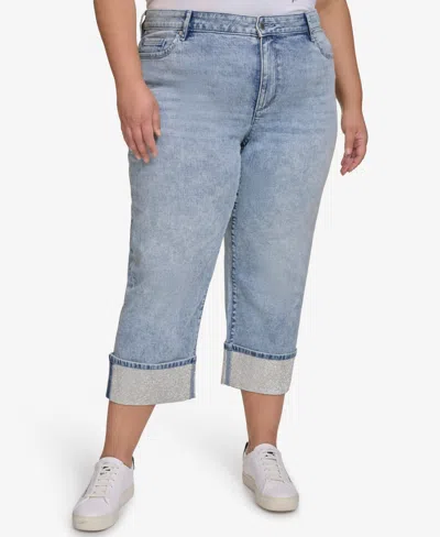 Karl Lagerfeld Plus Size Mid-rise Crystal Cuffed Jeans, Exclusively At Macy's In Blue
