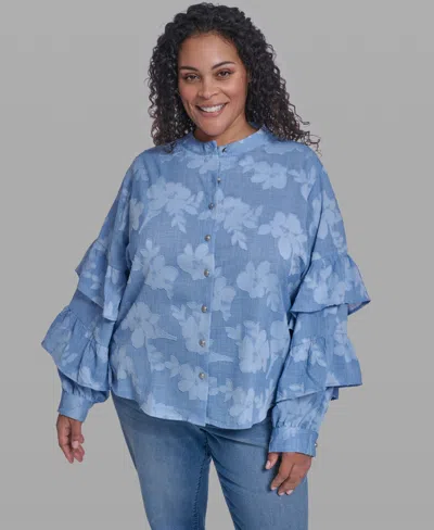 Karl Lagerfeld Plus Size Mock Neck Tiered Blouse In Blue