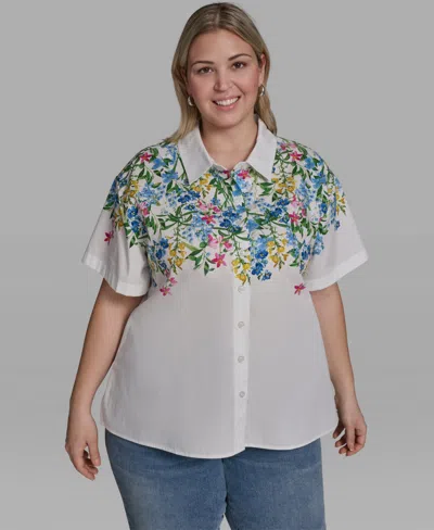 Karl Lagerfeld Plus Size Multi-floral Woven Collared Blouse