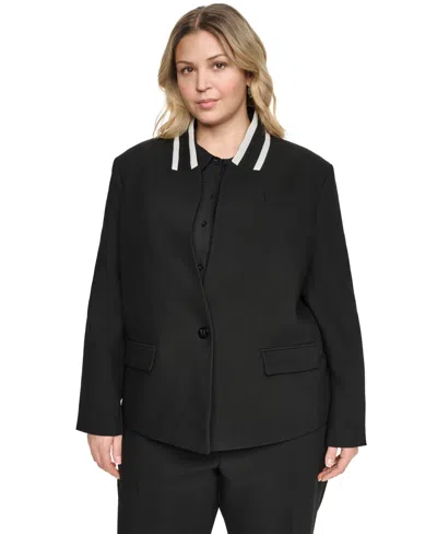 Karl Lagerfeld Plus Size One-button Reverse Lapel Banded Blazer In Black