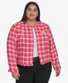 Karl Lagerfeld Plus Size Open Tweed Short Jacket, Exclusively At Macy's In Tea Berry Sunset Coral