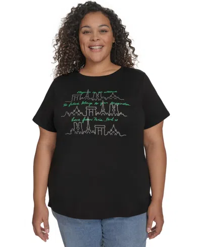 Karl Lagerfeld Plus Size Paris City Skyline Graphic T-shirt In Black Flore Green