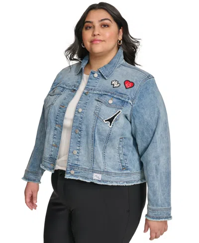 Karl Lagerfeld Plus Size Patch-trim Denim Jacket, First@macy's In Bluestar