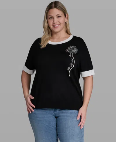 Karl Lagerfeld Plus Size Pearl Flower-detail Pull-on Sweater In Black