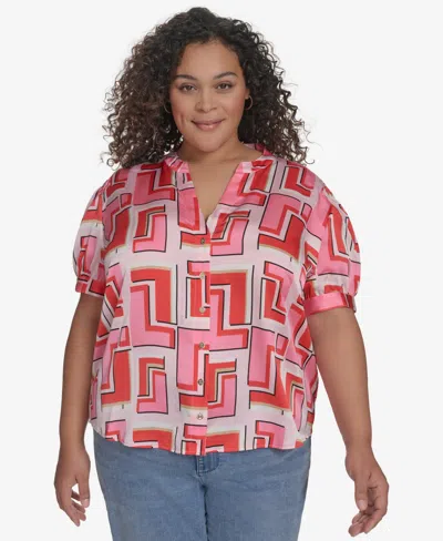 Karl Lagerfeld Plus Size Printed Camp Shirt, Exclusively At Macy's In Parfait Pink Mulit