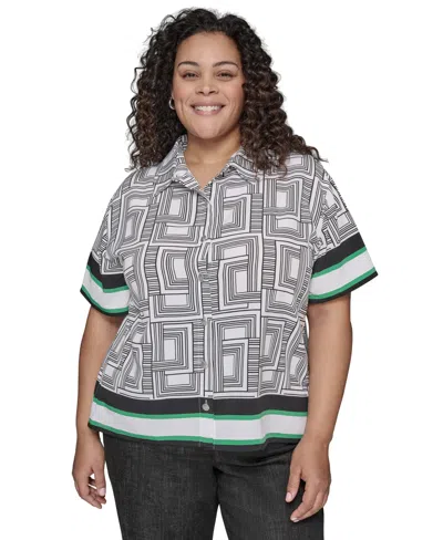 Karl Lagerfeld Plus Size Printed Camp Shirt In Soft White Black Flore Green Combo