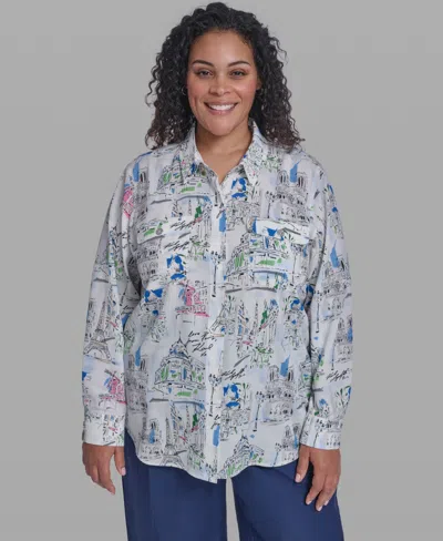 Karl Lagerfeld Plus Size Printed Collared Blouse In Gray