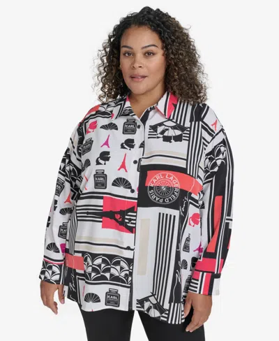 Karl Lagerfeld Plus Size Printed Collared Button-front Shirt, Exclusively At Macy's In Soft White Combo