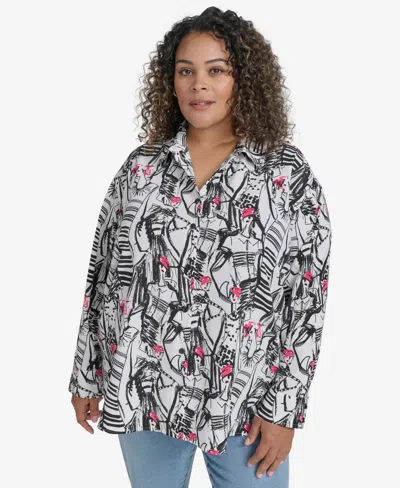 Karl Lagerfeld Plus Size Printed Collared Button-front Shirt, Exclusively At Macy's In Soft White Multi