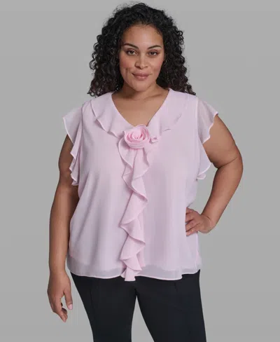 Karl Lagerfeld Plus Size Rosette V-neck Ruffle Blouse Top In Pink