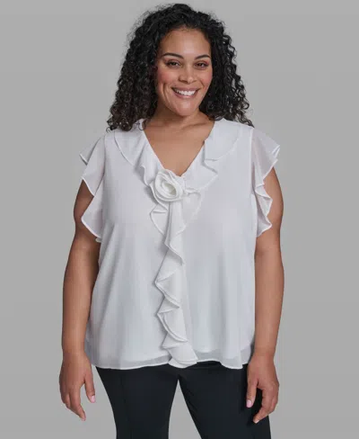 Karl Lagerfeld Plus Size Rosette V-neck Ruffle Blouse Top In Multi