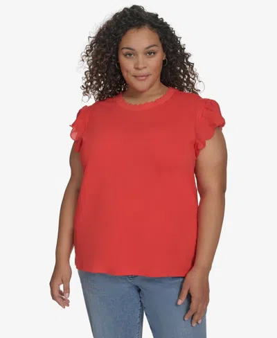 Karl Lagerfeld Plus Size Ruffled-sleeve Knit Top, Exclusively At Macy's In Apple Red