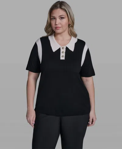 Karl Lagerfeld Plus Size Solid Short-sleeve Polo Sweater In Multi