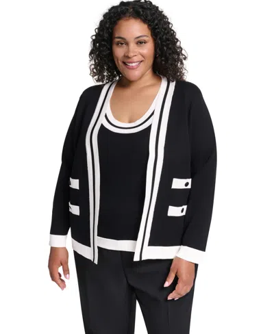 Karl Lagerfeld Plus Size Tipped Open-front Cardigan In Black