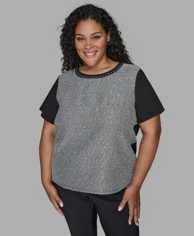 Karl Lagerfeld Plus Size Tweed Short Sleeve Top In Gray
