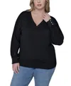 Karl Lagerfeld Plus Size V-neck Long-sleeve Sweater In Black