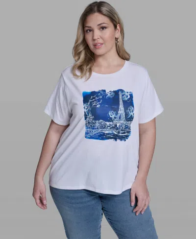 Karl Lagerfeld Plus Size Watercolor Paris Crewneck T-shirt In White
