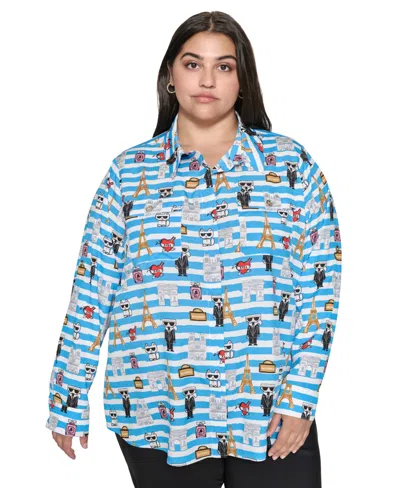 Karl Lagerfeld Plus Size Whimsical Graphic Button-front Blouse, Created For Macy's In Blue