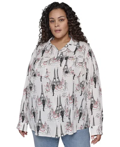Karl Lagerfeld Plus Size Whimsical Paris-print Shirt, Exclusively At Macy's In Soft White