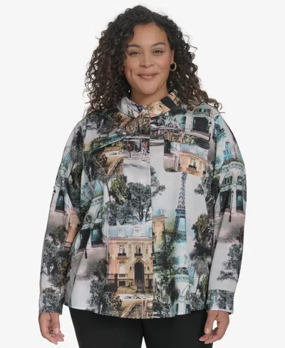 Karl Lagerfeld Plus Size Whimsical Paris-print Shirt, Exclusively At Macy's In Soft White Multi