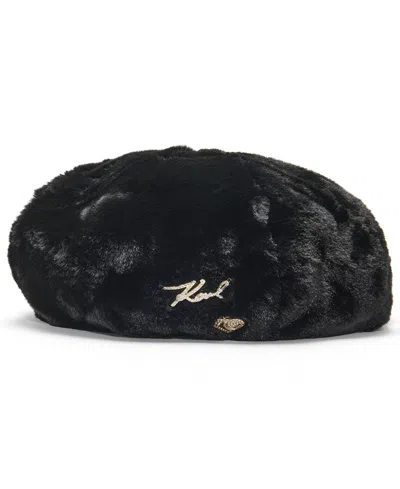 Karl Lagerfeld Plush Faux-fur Beret Hat In Black