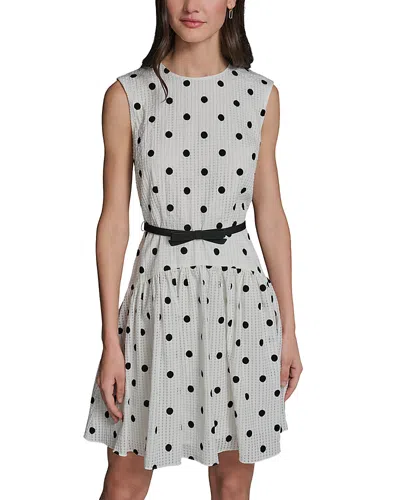 Karl Lagerfeld Polka Dot Seersucker Belted A Line Dress In White