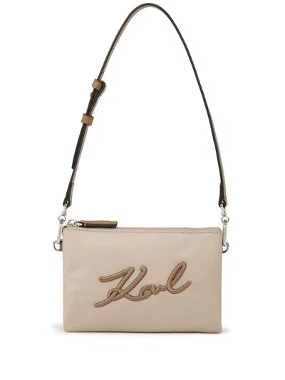 Karl Lagerfeld Signature Logo-embroidered Shoulder Bag In Neutrals