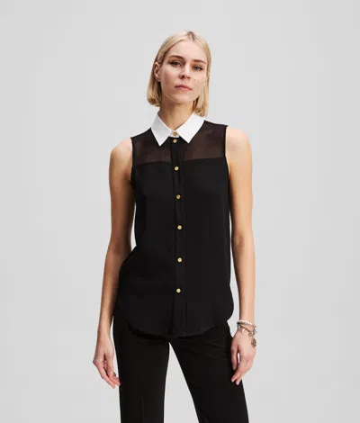 Karl Lagerfeld Poplin Collar Sleeveless Blouse In Black