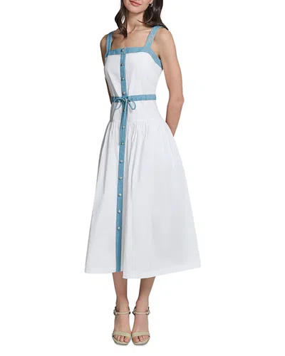 Karl Lagerfeld Poplin Mixed Media Tiered Midi Dress In White