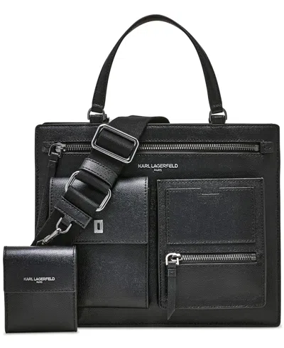 Karl Lagerfeld Porte Small Leather Satchel In Black,silv