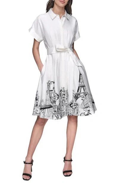 Karl Lagerfeld Print Belted Poplin Shirtdress In White