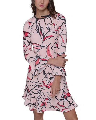 Karl Lagerfeld Printed Bow Neck Flounce Dress In Pearl Blush Multi