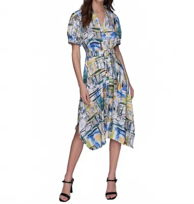 Karl Lagerfeld Printed Paris Scene Be Palace Dress In Blue Citrus Green Multi