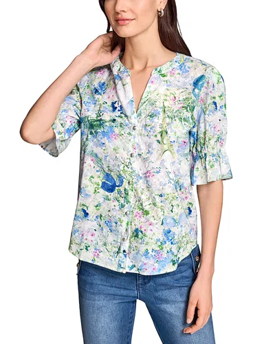 Karl Lagerfeld Quarter Sleeve Printed Button Down Blouse In Multi