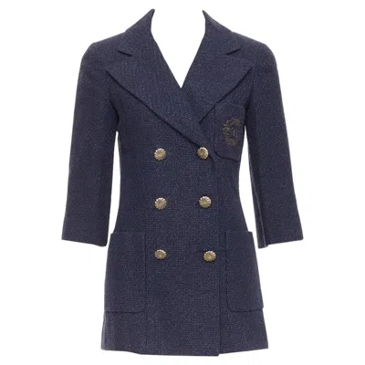 Pre-owned Karl Lagerfeld Rare Chanel 12p Gold Navy Tweed Cc Pocket Double Breast Schoolboy Jacket Fr38 M In Blue