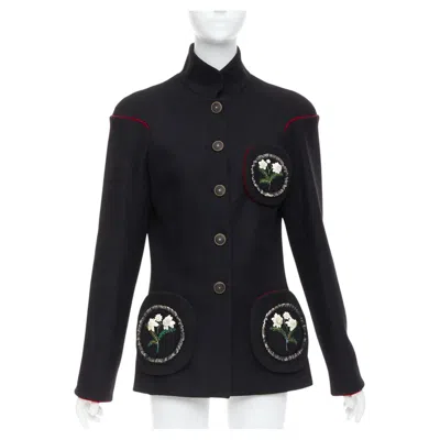 Pre-owned Karl Lagerfeld Rare Chanel 2015 Runway Edelweiss Flower Embroidery Circle Pocket Wool Coat Fr42 In Black