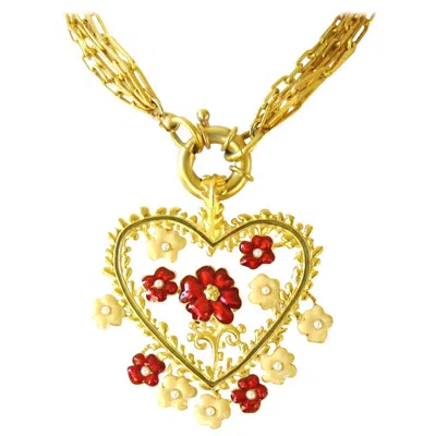 Pre-owned Karl Lagerfeld Red And Tan Enamel New Never Worn Heart Necklace 1990s