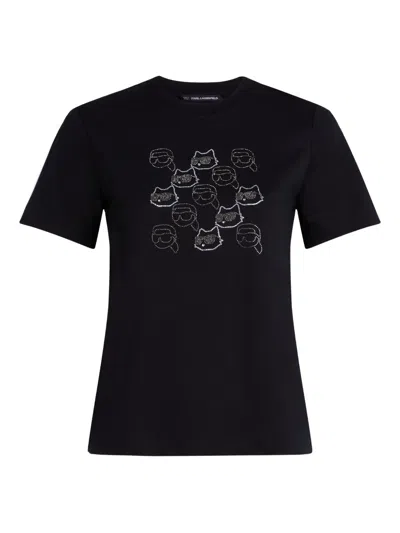Karl Lagerfeld Rhinestone Cat-face T-shirt In Black
