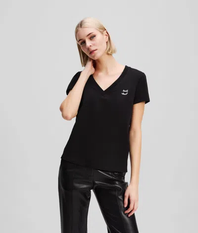 Karl Lagerfeld Rhinestone Ikon Choupette V-neck T-shirt In Black