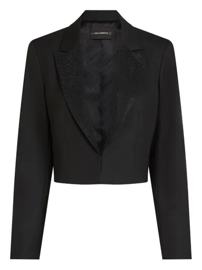 Karl Lagerfeld Rhinestone Lapel Cropped Jacket In Black