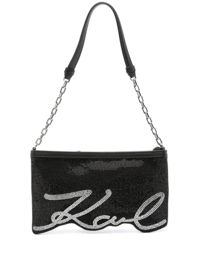 Karl Lagerfeld Rhinestone-logo Shoulder Bag In Black